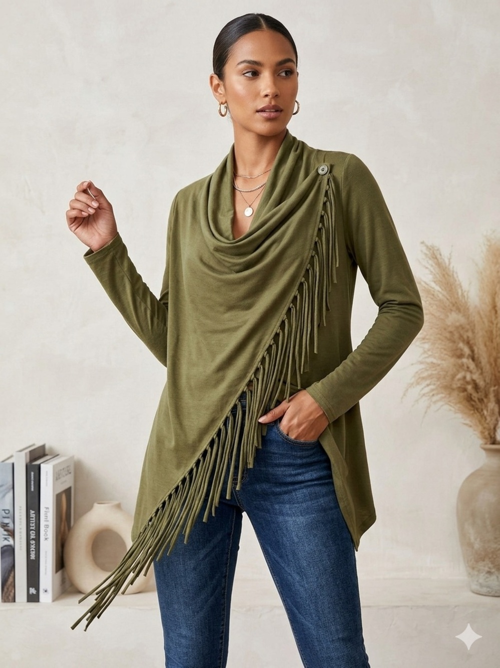 Olive Green Fringe Draped Shawl Sweater